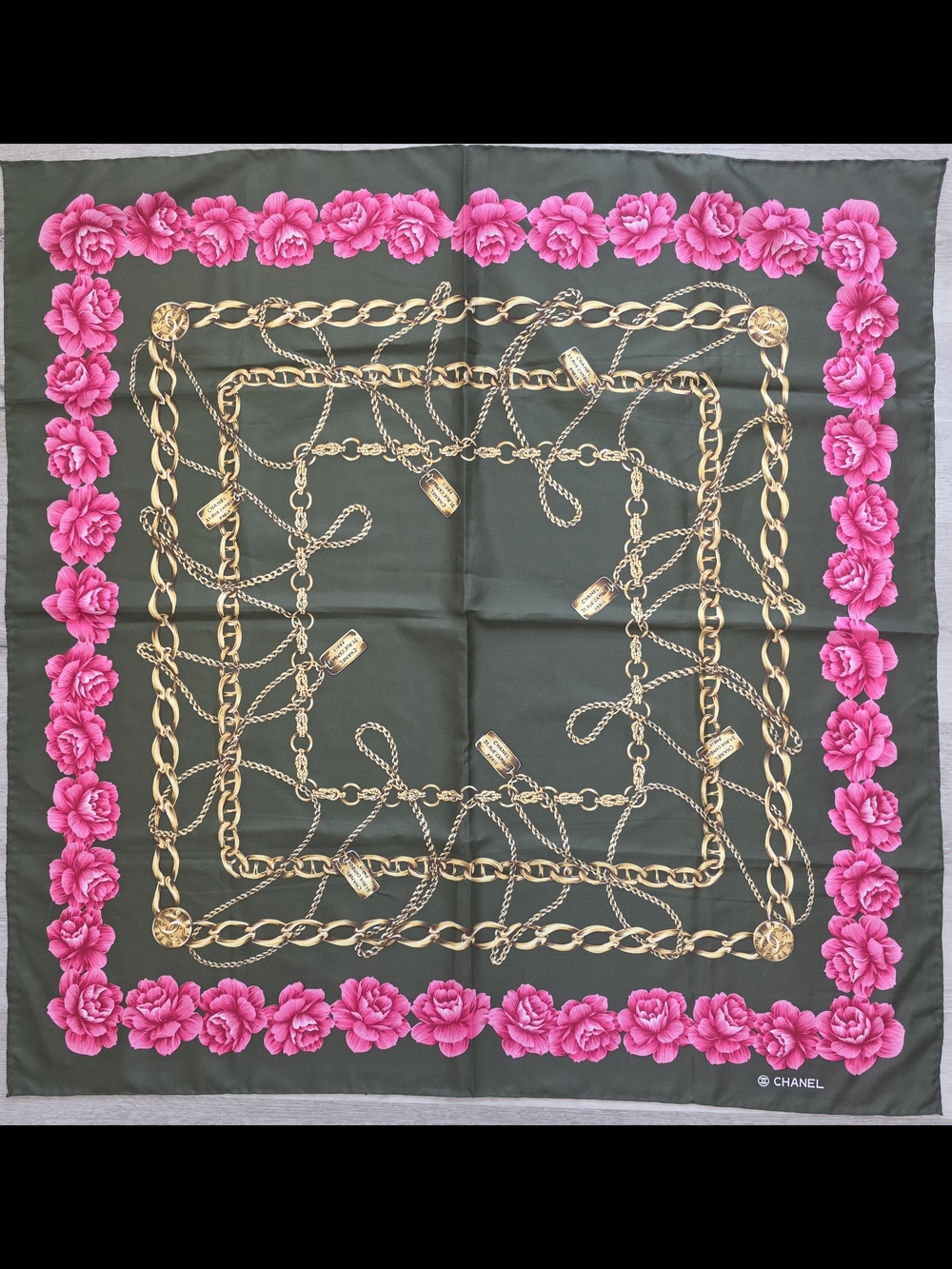 Auth Chanel Cambon Floral Chain Silk Scarf